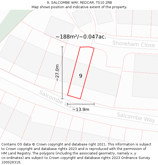 9, SALCOMBE WAY, REDCAR, TS10 2RB: Plot and title map