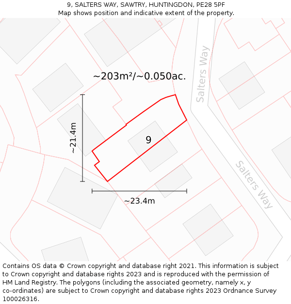 9, SALTERS WAY, SAWTRY, HUNTINGDON, PE28 5PF: Plot and title map