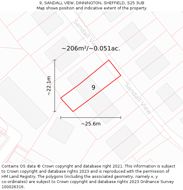 9, SANDALL VIEW, DINNINGTON, SHEFFIELD, S25 3UB: Plot and title map