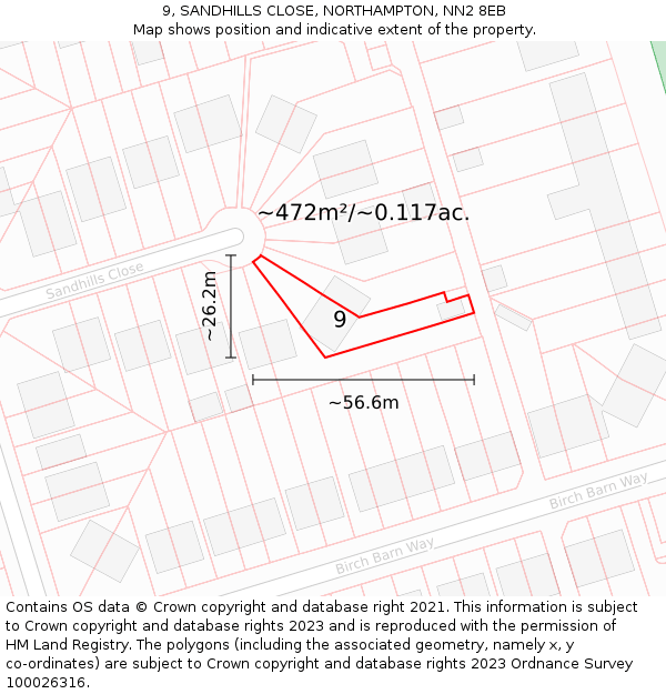9, SANDHILLS CLOSE, NORTHAMPTON, NN2 8EB: Plot and title map