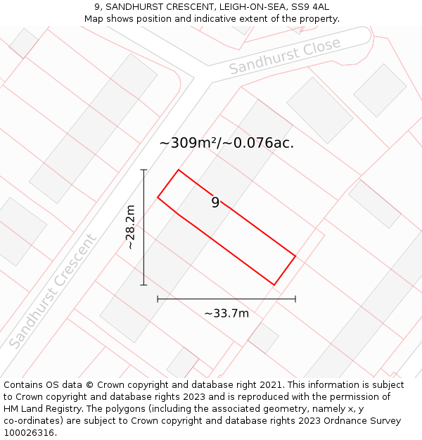 9, SANDHURST CRESCENT, LEIGH-ON-SEA, SS9 4AL: Plot and title map