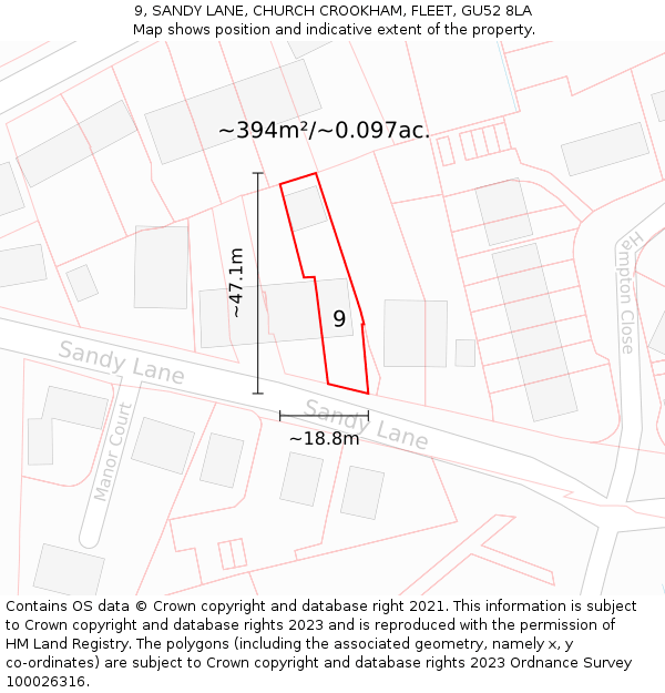 9, SANDY LANE, CHURCH CROOKHAM, FLEET, GU52 8LA: Plot and title map