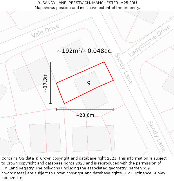 9, SANDY LANE, PRESTWICH, MANCHESTER, M25 9RU: Plot and title map