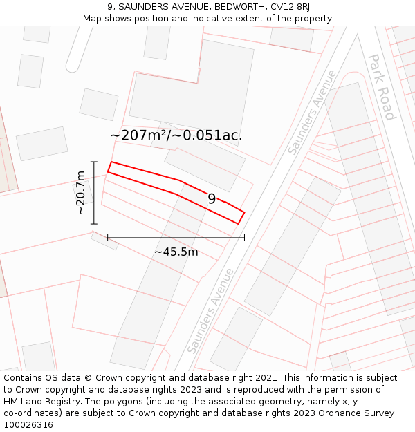 9, SAUNDERS AVENUE, BEDWORTH, CV12 8RJ: Plot and title map