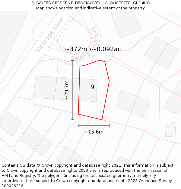 9, SAYERS CRESCENT, BROCKWORTH, GLOUCESTER, GL3 4HD: Plot and title map