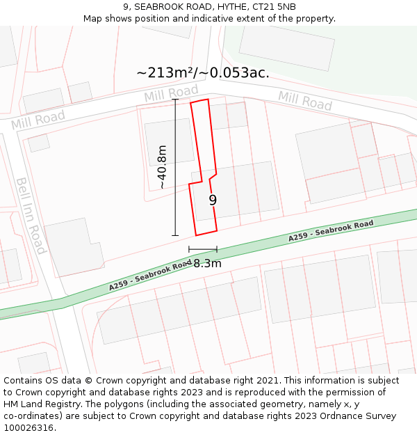 9, SEABROOK ROAD, HYTHE, CT21 5NB: Plot and title map