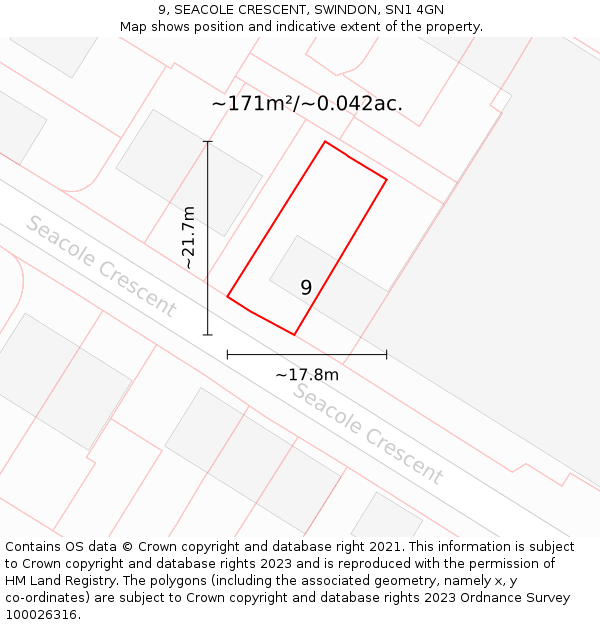 9, SEACOLE CRESCENT, SWINDON, SN1 4GN: Plot and title map