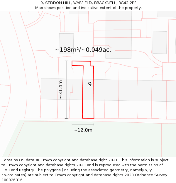 9, SEDDON HILL, WARFIELD, BRACKNELL, RG42 2PF: Plot and title map