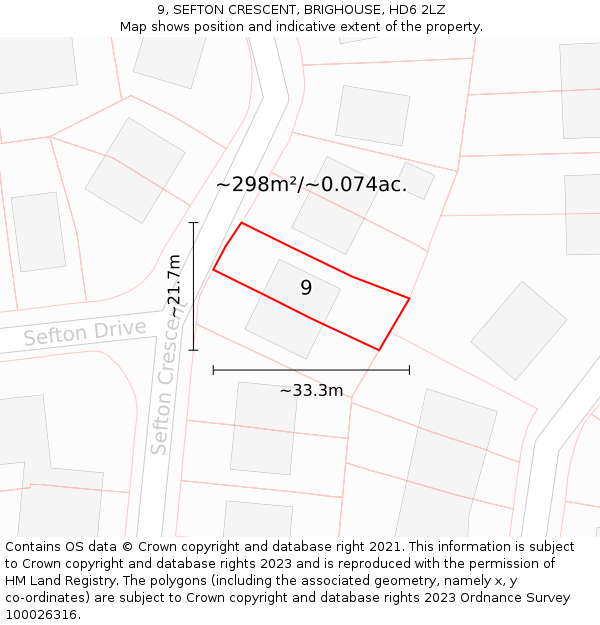 9, SEFTON CRESCENT, BRIGHOUSE, HD6 2LZ: Plot and title map