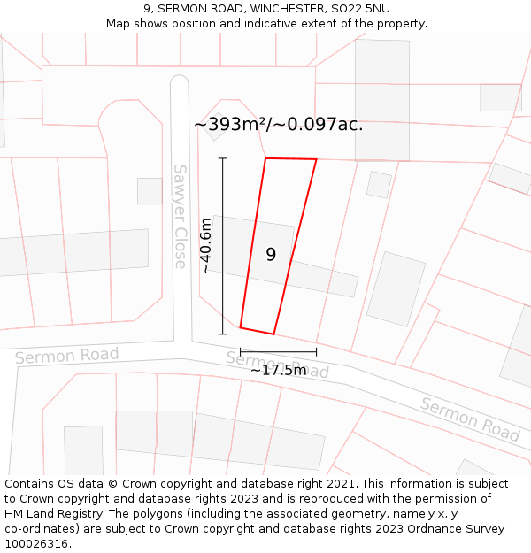 9, SERMON ROAD, WINCHESTER, SO22 5NU: Plot and title map