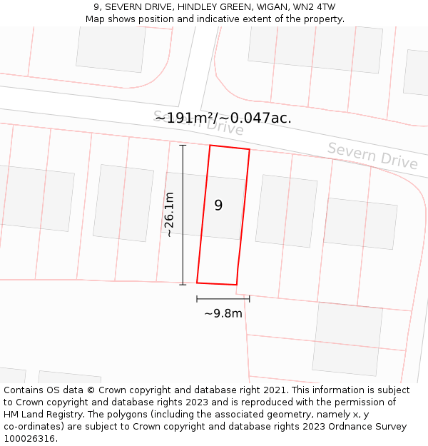 9, SEVERN DRIVE, HINDLEY GREEN, WIGAN, WN2 4TW: Plot and title map