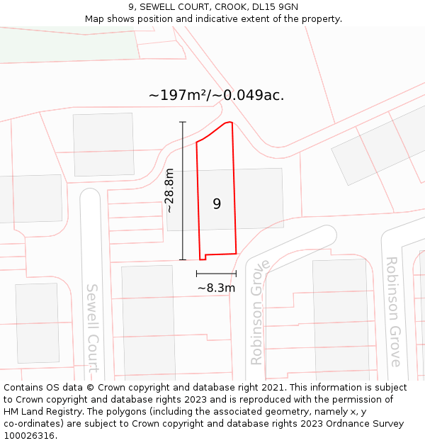 9, SEWELL COURT, CROOK, DL15 9GN: Plot and title map