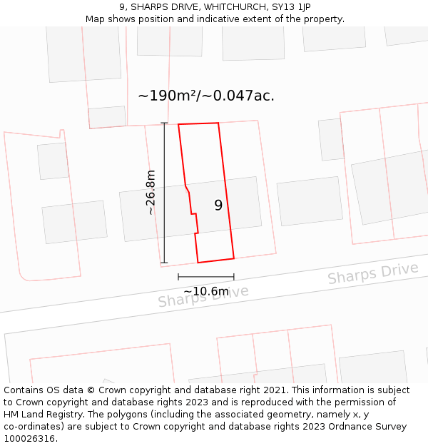 9, SHARPS DRIVE, WHITCHURCH, SY13 1JP: Plot and title map