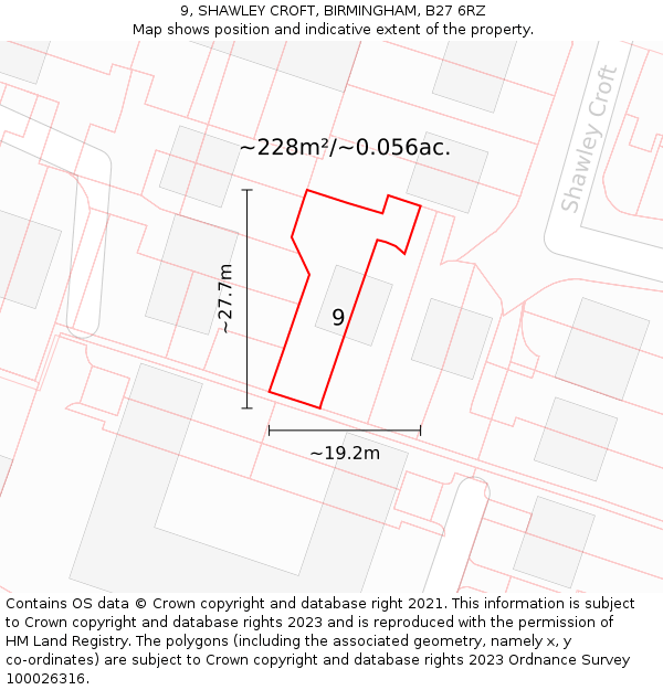 9, SHAWLEY CROFT, BIRMINGHAM, B27 6RZ: Plot and title map