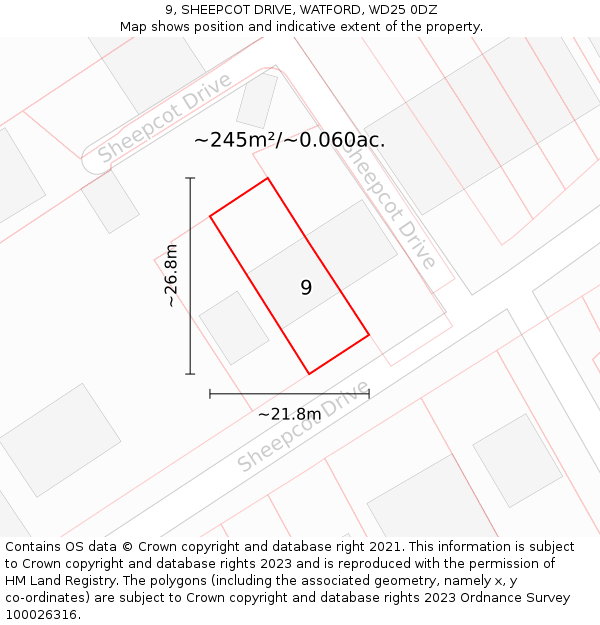 9, SHEEPCOT DRIVE, WATFORD, WD25 0DZ: Plot and title map