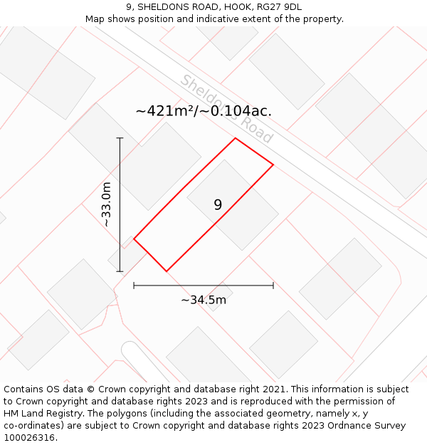 9, SHELDONS ROAD, HOOK, RG27 9DL: Plot and title map