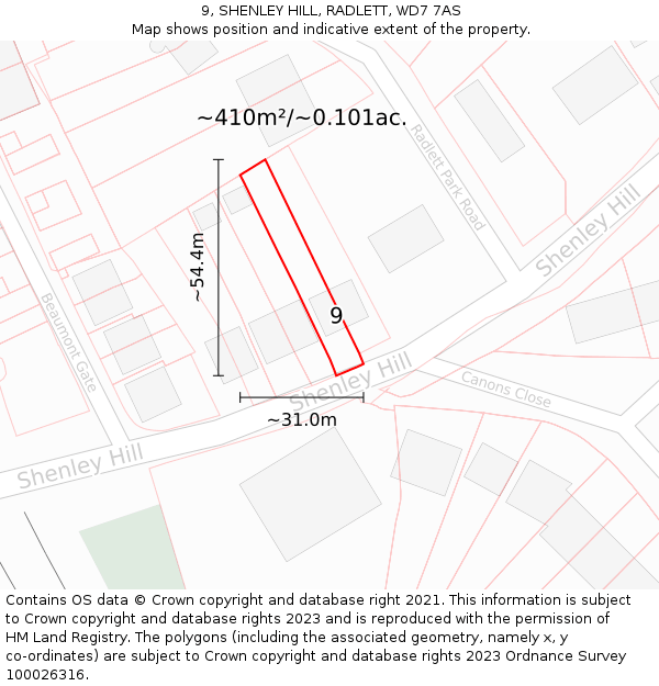 9, SHENLEY HILL, RADLETT, WD7 7AS: Plot and title map