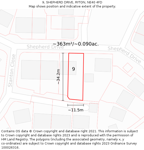 9, SHEPHERD DRIVE, RYTON, NE40 4FD: Plot and title map