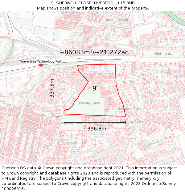 9, SHERWELL CLOSE, LIVERPOOL, L15 8NB: Plot and title map