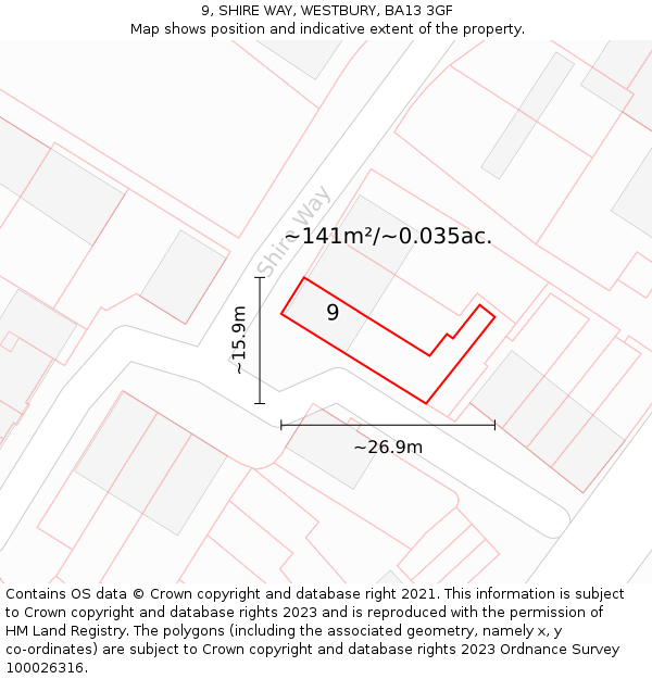 9, SHIRE WAY, WESTBURY, BA13 3GF: Plot and title map