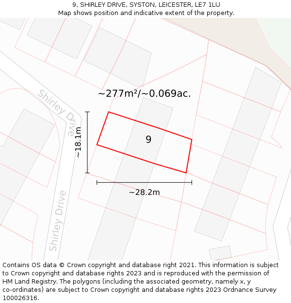 9, SHIRLEY DRIVE, SYSTON, LEICESTER, LE7 1LU: Plot and title map
