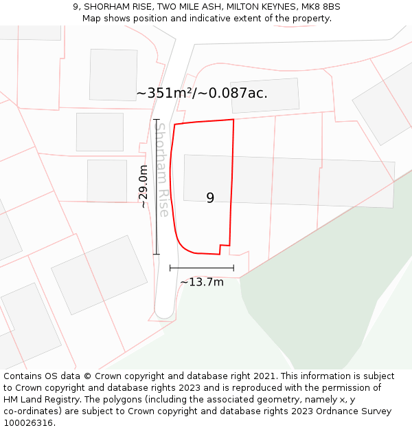 9, SHORHAM RISE, TWO MILE ASH, MILTON KEYNES, MK8 8BS: Plot and title map