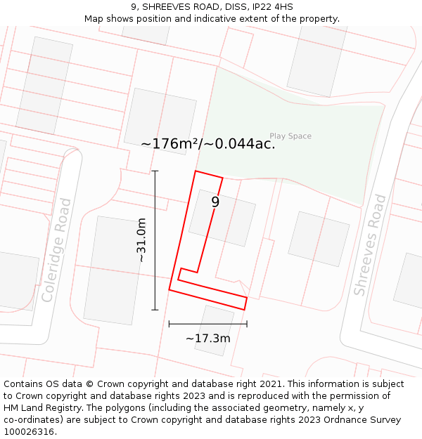 9, SHREEVES ROAD, DISS, IP22 4HS: Plot and title map