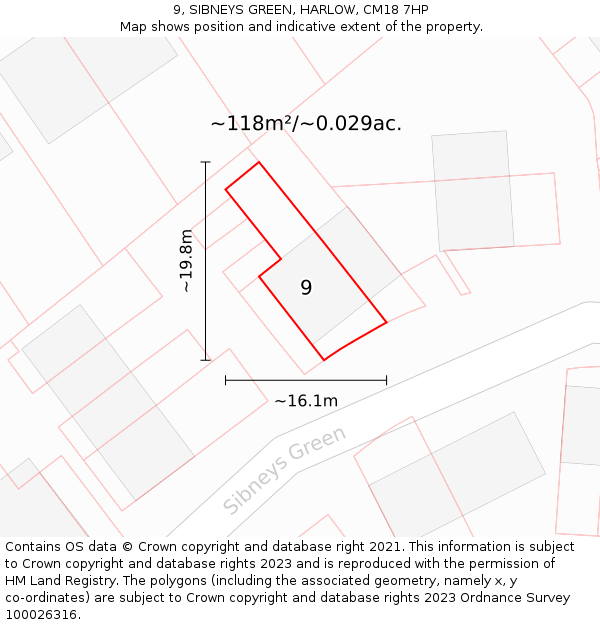 9, SIBNEYS GREEN, HARLOW, CM18 7HP: Plot and title map