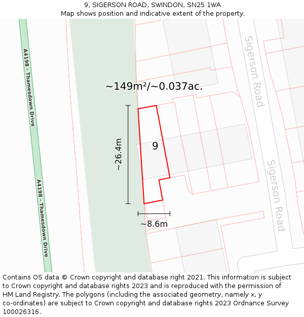 9, SIGERSON ROAD, SWINDON, SN25 1WA: Plot and title map