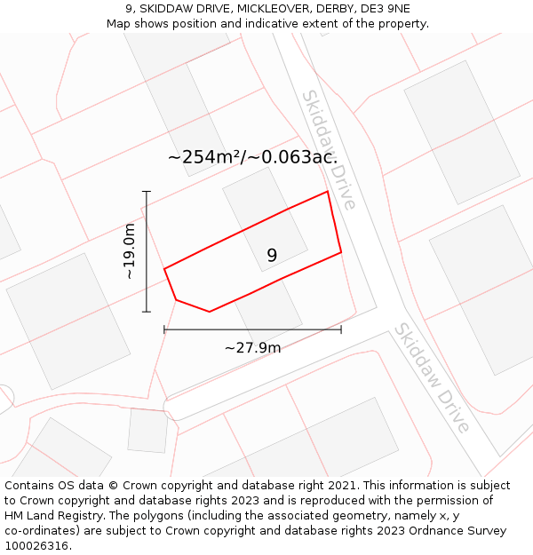 9, SKIDDAW DRIVE, MICKLEOVER, DERBY, DE3 9NE: Plot and title map