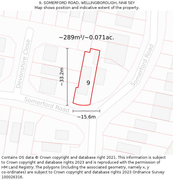 9, SOMERFORD ROAD, WELLINGBOROUGH, NN8 5EY: Plot and title map