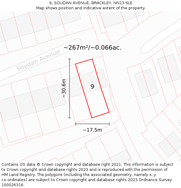 9, SOUDAN AVENUE, BRACKLEY, NN13 6LE: Plot and title map