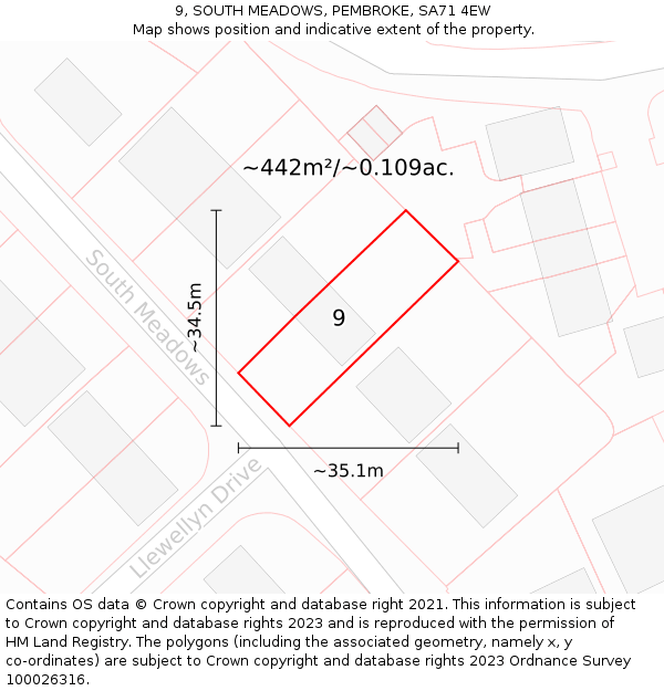 9, SOUTH MEADOWS, PEMBROKE, SA71 4EW: Plot and title map