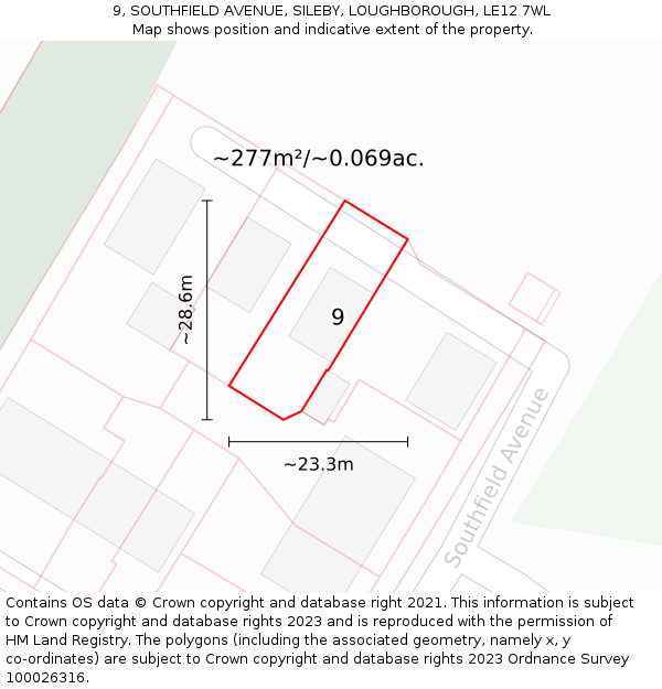 9, SOUTHFIELD AVENUE, SILEBY, LOUGHBOROUGH, LE12 7WL: Plot and title map