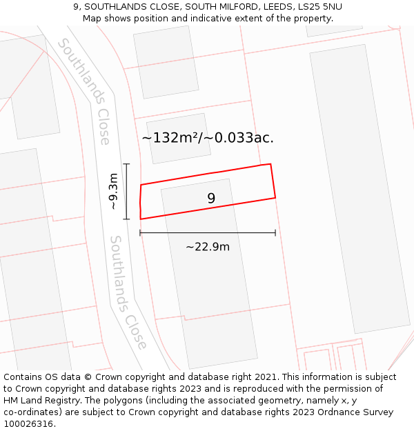 9, SOUTHLANDS CLOSE, SOUTH MILFORD, LEEDS, LS25 5NU: Plot and title map