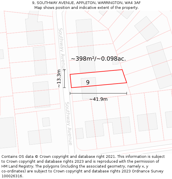 9, SOUTHWAY AVENUE, APPLETON, WARRINGTON, WA4 3AF: Plot and title map