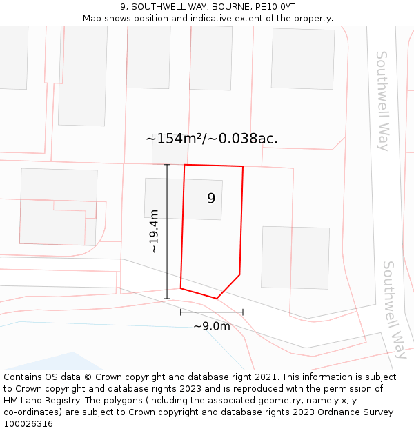 9, SOUTHWELL WAY, BOURNE, PE10 0YT: Plot and title map