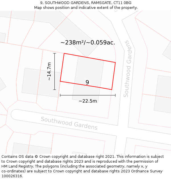 9, SOUTHWOOD GARDENS, RAMSGATE, CT11 0BG: Plot and title map