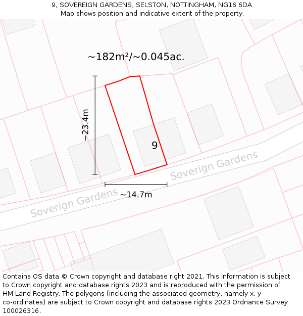 9, SOVEREIGN GARDENS, SELSTON, NOTTINGHAM, NG16 6DA: Plot and title map