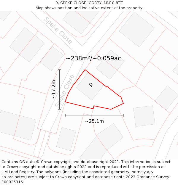 9, SPEKE CLOSE, CORBY, NN18 8TZ: Plot and title map