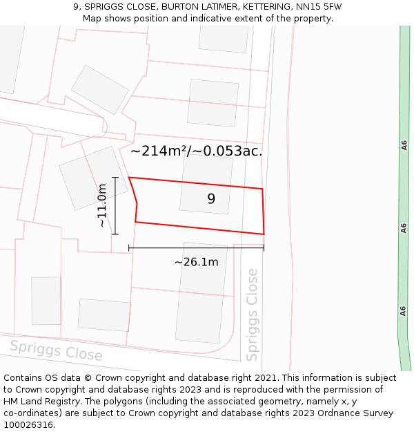 9, SPRIGGS CLOSE, BURTON LATIMER, KETTERING, NN15 5FW: Plot and title map