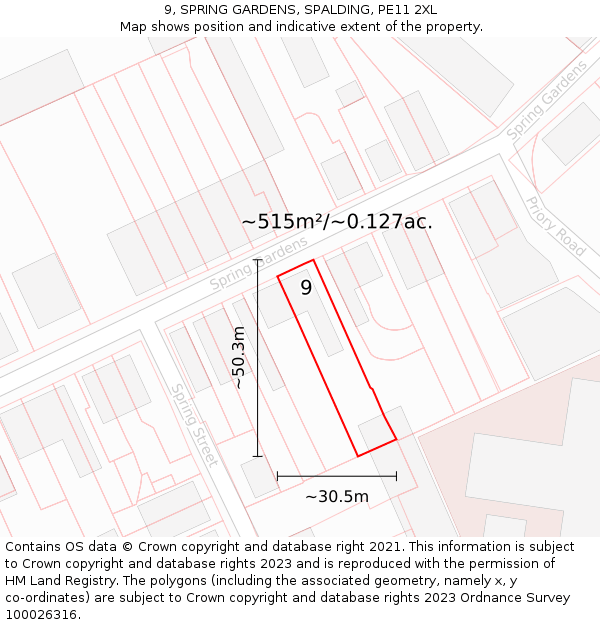 9, SPRING GARDENS, SPALDING, PE11 2XL: Plot and title map