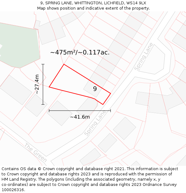 9, SPRING LANE, WHITTINGTON, LICHFIELD, WS14 9LX: Plot and title map