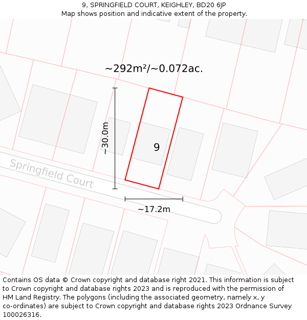 9, SPRINGFIELD COURT, KEIGHLEY, BD20 6JP: Plot and title map