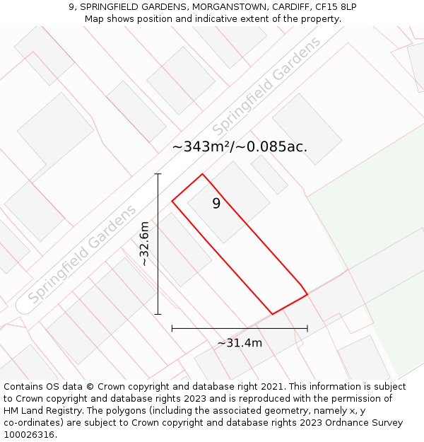 9, SPRINGFIELD GARDENS, MORGANSTOWN, CARDIFF, CF15 8LP: Plot and title map