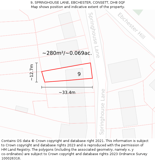 9, SPRINGHOUSE LANE, EBCHESTER, CONSETT, DH8 0QF: Plot and title map