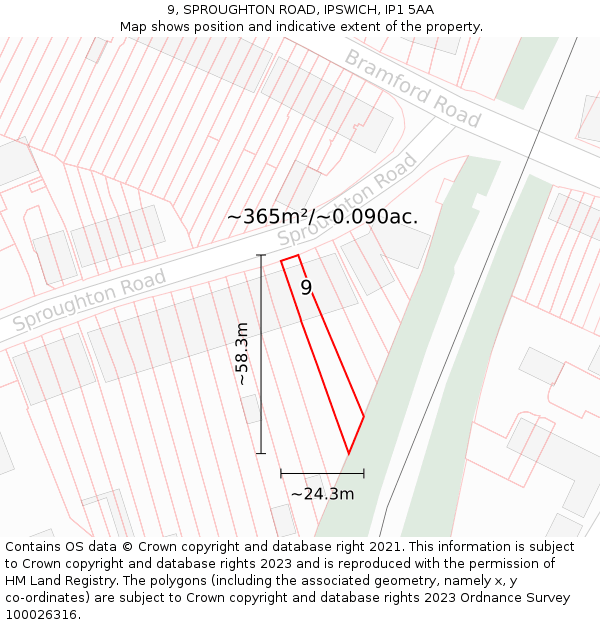 9, SPROUGHTON ROAD, IPSWICH, IP1 5AA: Plot and title map