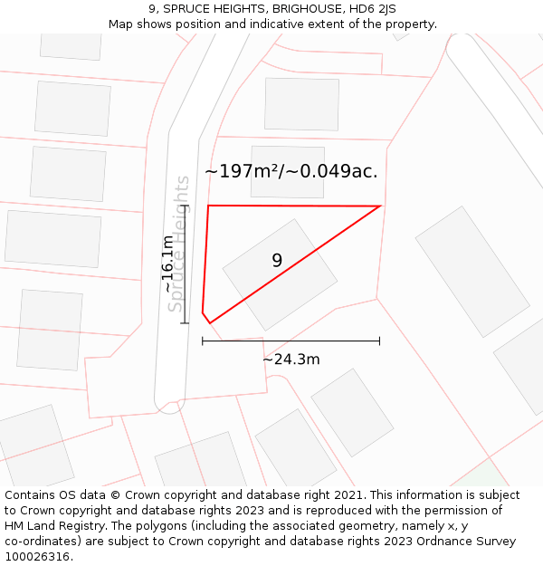 9, SPRUCE HEIGHTS, BRIGHOUSE, HD6 2JS: Plot and title map