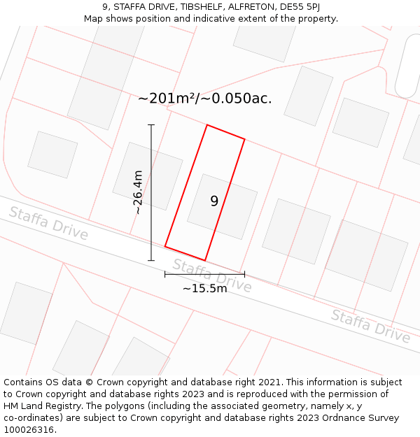 9, STAFFA DRIVE, TIBSHELF, ALFRETON, DE55 5PJ: Plot and title map