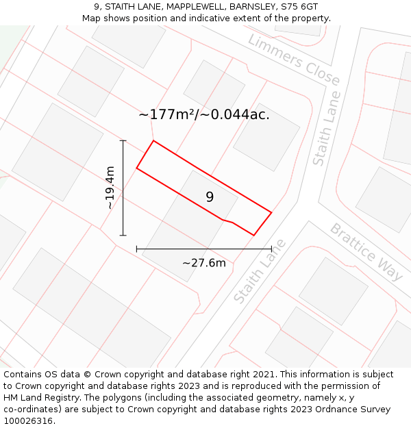 9, STAITH LANE, MAPPLEWELL, BARNSLEY, S75 6GT: Plot and title map